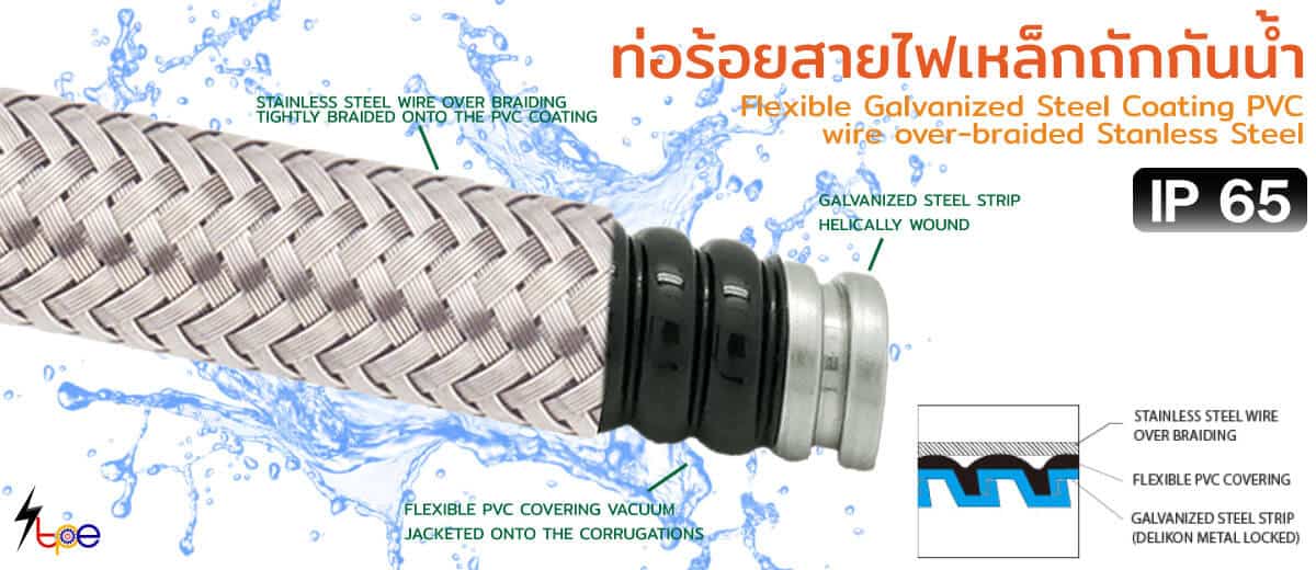 ท่อร้อยสายไฟเหล็กถักกันน้ำ (Flexible Galvanized Steel Coating PVC wire over-braided Stanless Steel)